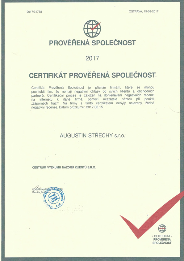 Certifikát Prověřená společnost 2017