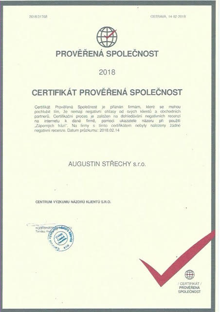Certifikát Prověřená společnost 2018