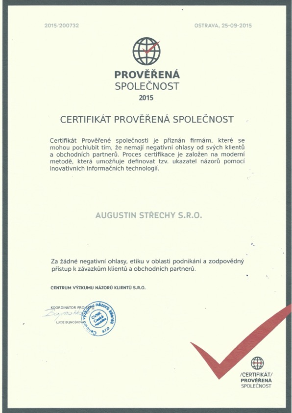 Certifikát Prověřená společnost 2016