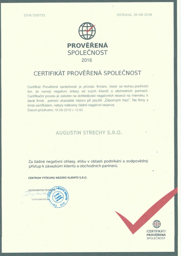 Certifikát Prověřená společnost 2016
